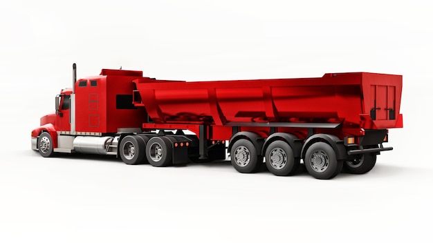 Großer roter amerikanischer LKW mit einem Anhängertyp Muldenkipper für den Transport von Schüttgut auf weißem Hintergrund. 3D-Darstellung.