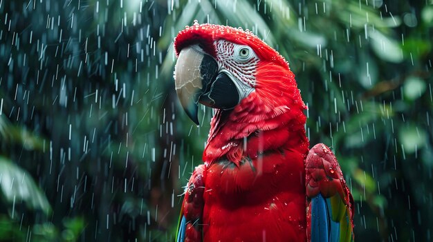 Großer roter Papagei steht im Regen