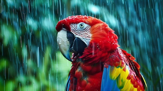 Großer roter Papagei steht im Regen