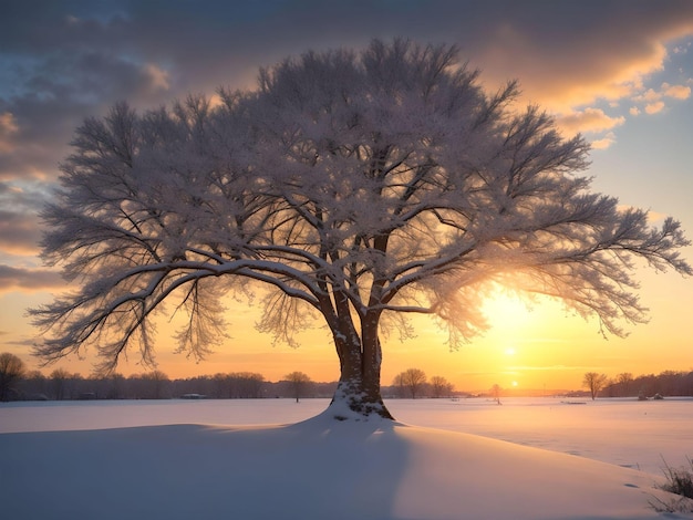 Großer schneebedeckter Baum über verschwommener Winterlandschaft warmes Licht im Sonnenuntergang KI generiert