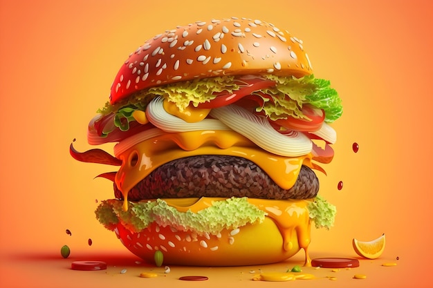 Großer schöner saftiger Burger mit Fleisch und Gemüse. Großer Hamburger auf gelbem Hintergrund