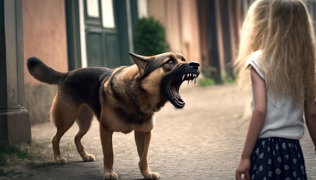 Großer schrecklicher streunender Hund bellt und knurrt auf einem kleinen Mädchen, das auf der Straße geht. Tollwütiger Hund greift Kind an