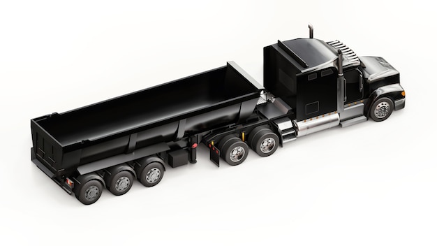 Großer schwarzer amerikanischer LKW mit einem Muldenkipper für den Transport von Schüttgut auf weißem Hintergrund. 3D-Darstellung.