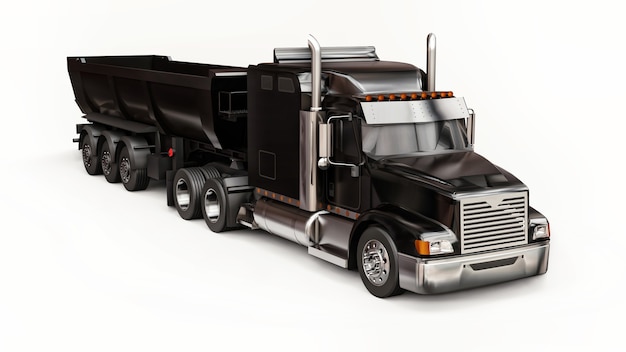 Großer schwarzer amerikanischer LKW mit einem Muldenkipper für den Transport von Schüttgut auf weißem Hintergrund. 3D-Darstellung.