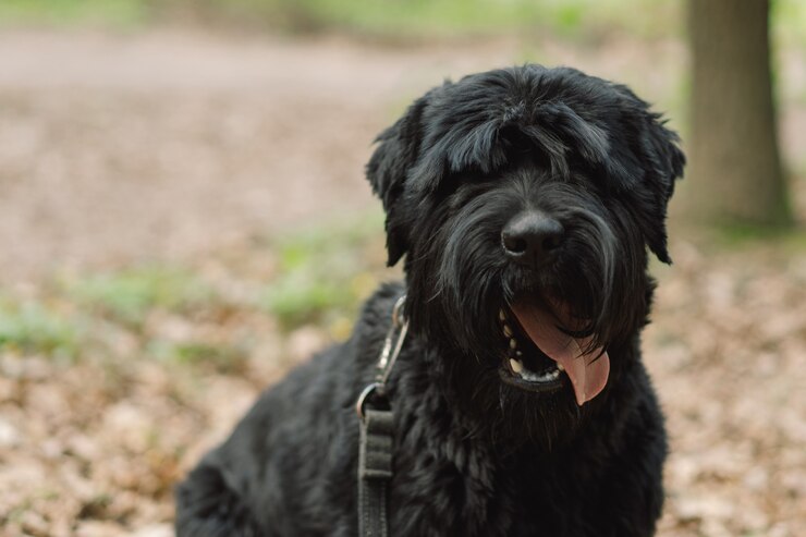 Foto großer schwarzer hundehund in einem frühlingsspaziergang im freien mit einem hund