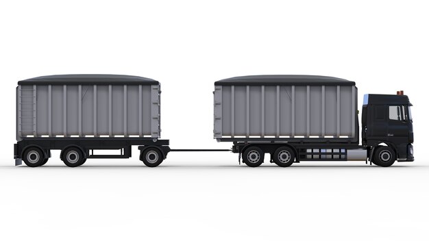 Großer schwarzer lkw mit separatem anhänger für den transport von schüttgütern und produkten aus landwirtschaft und bauwesen. 3d-rendering.