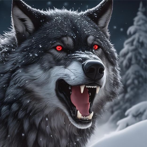 großer schwarzer Wolf, Vollmond, rote Augen