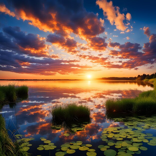 Großer See mit Sonnenuntergang mit Wolken und Bäumen im Hintergrund