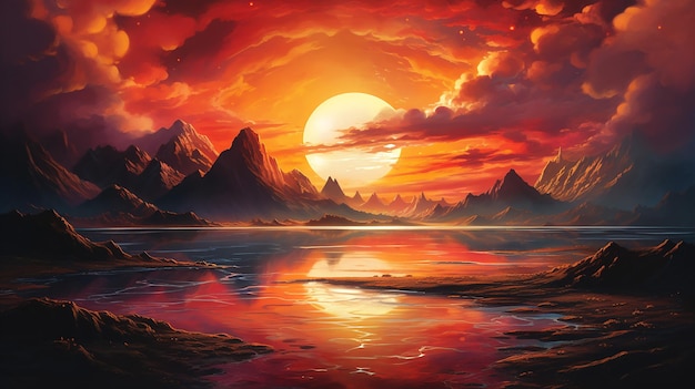 Großer Sonnenuntergang mit Reflexion auf dem Wasser