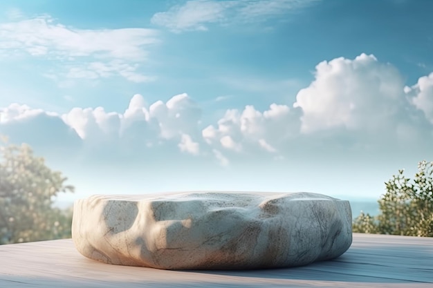 Großer Stein auf einem Holztisch, der den Kontrast zwischen natürlichen und künstlichen Elementen darstellt. Generative KI