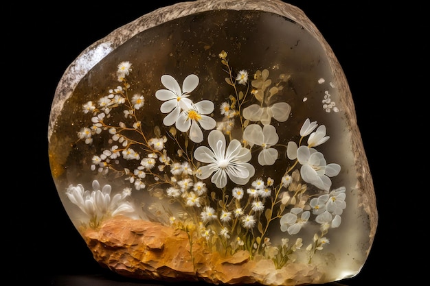 Großer Stein mit weißen Blüten auf transparenten Bergkristallen