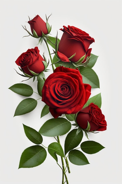 Großer Strauß roter Rosen viel auf weißem Hintergrund Generative AI