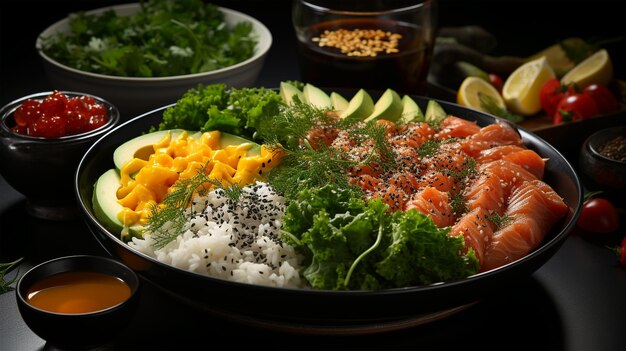 Großer Teller mit geschnittenem Lachs-Avocado-Fruchtgemüse. Köstliche asiatische Küche, Keto-Diät-Restaurantmenü
