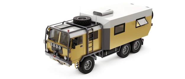 Großer Truck, vorbereitet für lange und schwierige Expeditionen in abgelegene Gebiete. LKW mit einem Haus auf Rädern. 3D-Darstellung.