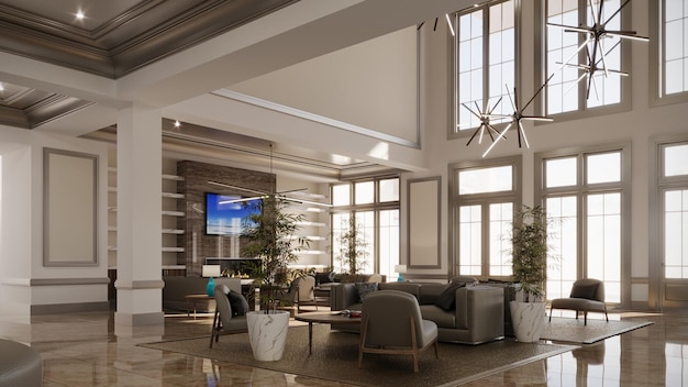 Großer und geräumiger Innenraum der Lobby im 3D-Illustrations-CG-Rendering des Hotels