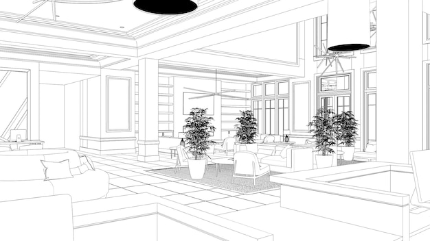 Großer und geräumiger Innenraum der Lobby im Hotel, Skizze, Umriss, Illustration, CG-Rendering