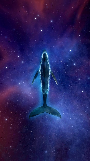 Großer Wal schwimmt im Weltraum von Sternennebeln und Galaxien Fantasielandschaft Kosmos taucht Blauwal im Sternenhimmel 3D-Rendering