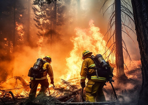 Foto großer waldbrand und feuerwehrleute, die versuchen, ihn zu löschen gefährliche arbeit eines tapferen mannes