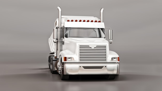 Großer weißer amerikanischer LKW mit einem Anhängerkipper für den Transport von Massengut auf grauem Hintergrund. 3D-Illustration.