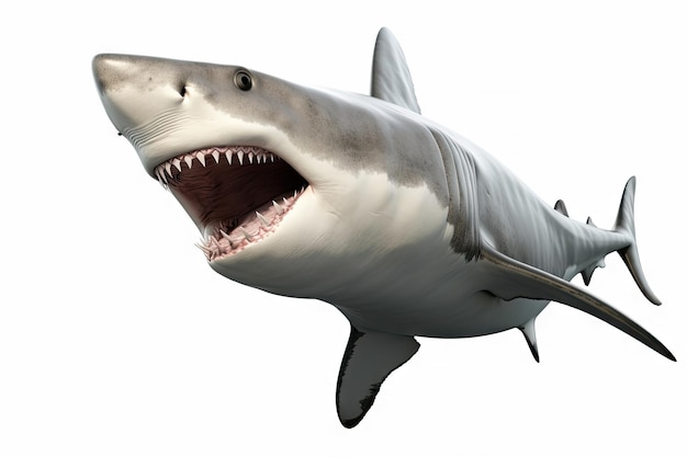 Großer weißer Hai, das berühmte Raubtier im Ozean, isoliert auf weißem Hintergrund, marine Generative KI