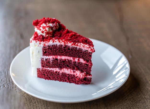 Großer, wunderschöner roter Samtkuchen mit Blumen und Beeren darauf. Auf einem Teller aufschneiden. Dessert, Kuchen und Muffins, süße Festtagsleckereien