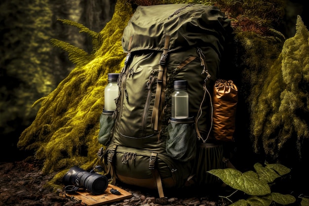 Großer zusammengebauter Wanderreiserucksack mit unverzichtbarer Kleidung für Wanderungen im Wald oder in den Bergen