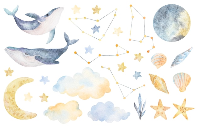 Großes Aquarell-Set mit Walkonstellationen Mond Sterne Wolken Handgemachte Illustrationen ClipArt Design Babyparty Kinderkarten Bettwäsche Wandaufkleber Postkartenhüllen Design Kinderzimmer Poster