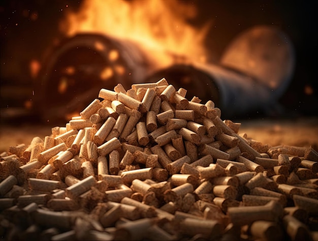 Foto großes bündel holzpellets neben dem feuer