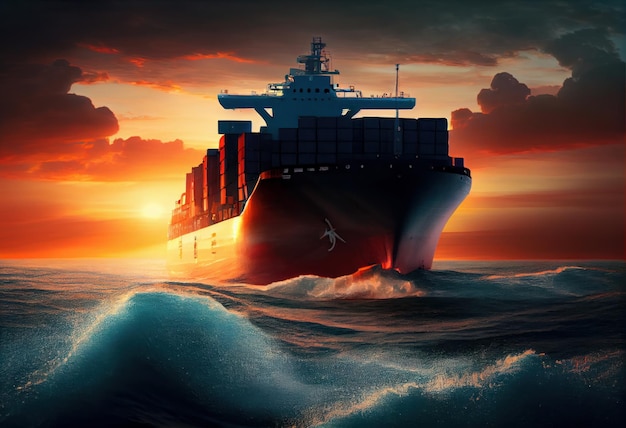 Großes Containerschiff segelt bei Sonnenuntergang Gernerative AI