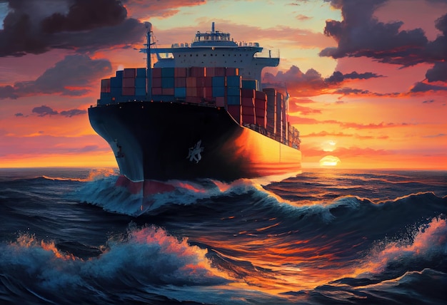 Großes Containerschiff segelt bei Sonnenuntergang Gernerative AI