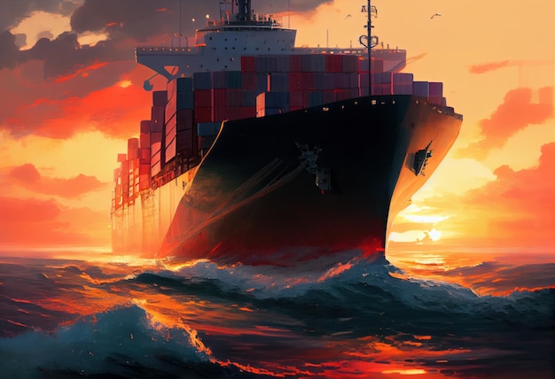 Großes Containerschiff segelt bei Sonnenuntergang Gernerative AI