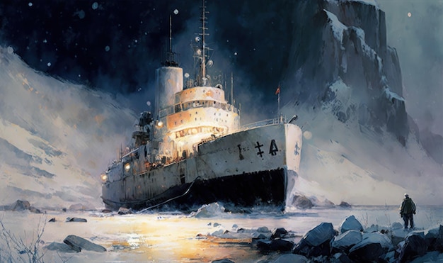 Großes Eisbrecherschiff liegt an einem kalten Ort. Schönes Illustrationsbild. Generative KI