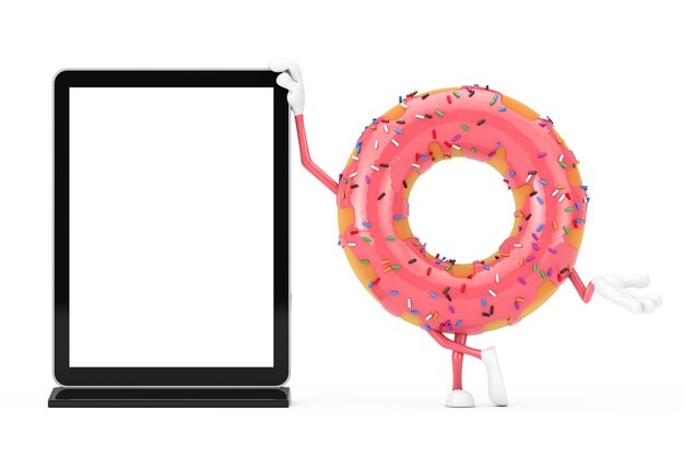 Großes Erdbeerrosa glasiertes Donut-Charakter-Maskottchen mit leerem Messe-LCD-Bildschirmständer als Vorlage für Ihr Design auf weißem Hintergrund. 3D-Rendering