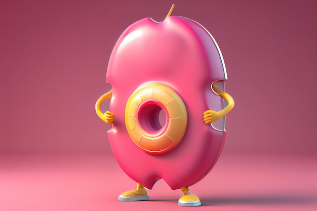 Großes erdbeerrosa glasiertes Donut-Charaktermaskottchen mit rotem Metallschutzschild auf gelbem Hintergrund Generative Ai