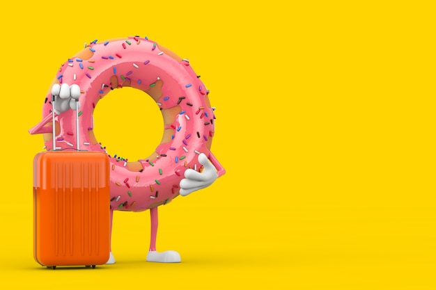 Großes Erdbeerrosa glasig-glänzendes Donut-Charakter-Maskottchen mit orange Reise-Koffer auf einem gelben Hintergrund. 3D-Rendering