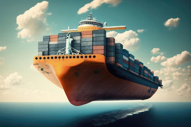 Großes Frachtcontainerschiff, das in den Himmel zwischen den Wolken fliegt Generative KI