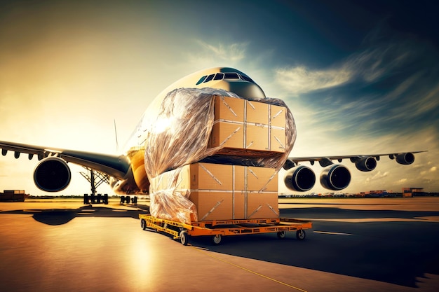 Großes Frachtflugzeug, beladen mit Kisten in der globalen Geschäftslogistik des Flughafens