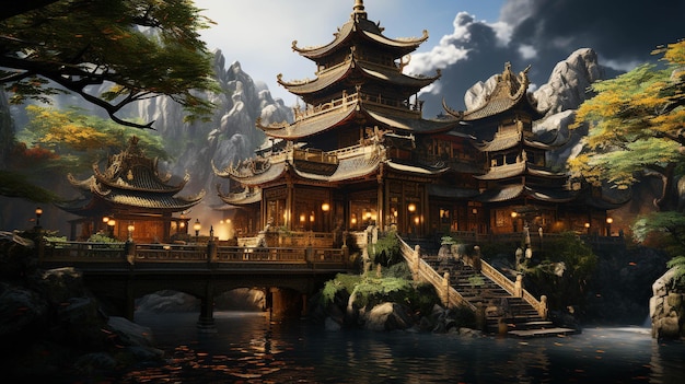 großes Haus in den Bergen, chinesische High-Definition-Fotografie, kreatives Hintergrundbild