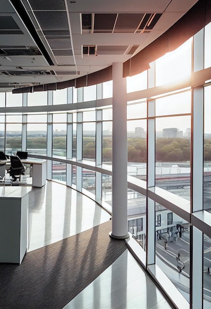 Großes, helles Büro mit KI-generierten Panoramafenstern
