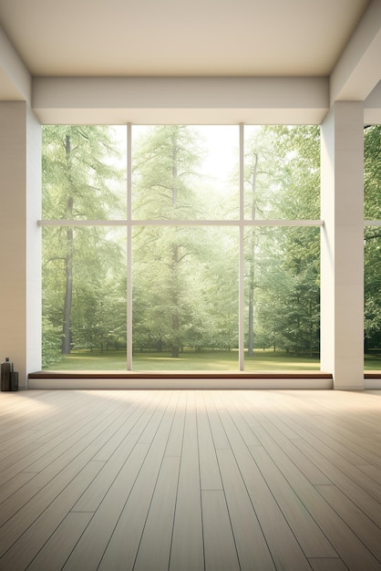 Großes, helles, leeres Zimmer mit Fenstern mit Blick auf grüne Bäume
