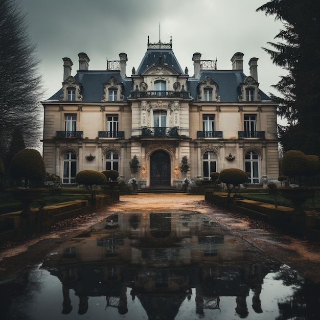 Großes Herrenhaus im französischen Stil mit Spiegelung auf dem Boden