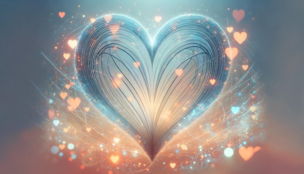 großes Herz im modernen Stil auf einem abstrakten weichen Pfirsich-Fuzz und pastellblauen Hintergrund mit Bokeh-Lichtern und herzförmigen verschwommenen Flecken