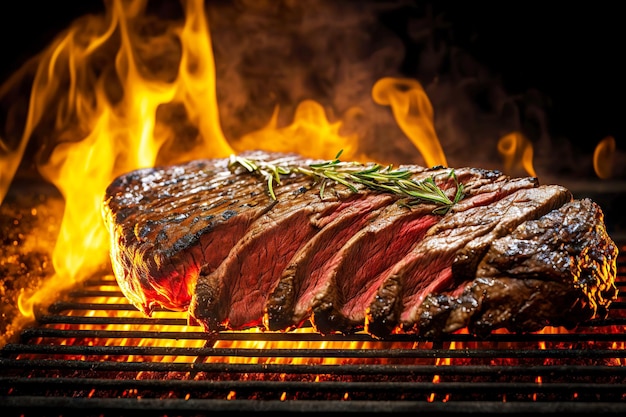 Großes köstliches Stück Flankensteak, das auf offenem Feuer auf dem Grill gebraten wird