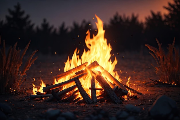 Großes Lagerfeuer gegen blaue Nacht, Skyai-Generativ