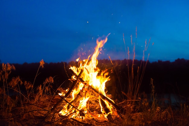 Großes Lagerfeuer nachts im Wald unter dunkelblauem Nachthimmel mit vielen Sternen