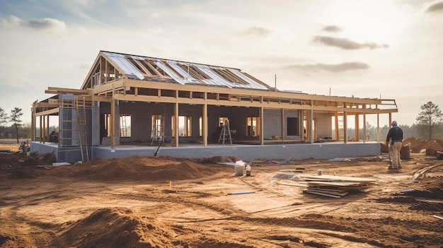 Großes luxuriöses Haus im Bau Strukturelemente Holzstützen Baustelle