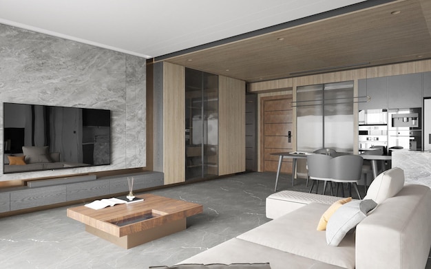 Großes, luxuriöses, modernes Interieur des Wohnzimmers. 3D-Illustration