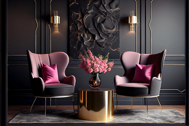 Großes Master-Wohnzimmer in dunkelschwarzen grauen Farben Rosafarbene Stühle und goldener Tisch Hintergrund leere Wand leer für Tapeten oder Gemälde Luxus-Lounge oder Empfang Generative KI