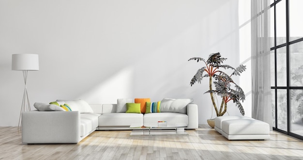 Großes, modernes, helles Luxus-Interieur-Apartment Wohnzimmer Illustration 3D-Rendering computergeneriertes Bild