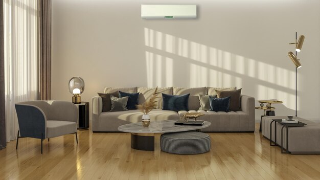 Großes, modernes, helles Luxus-Interieur Wohnzimmer mit Klimaanlage Mockup Illustration 3D-Rendering